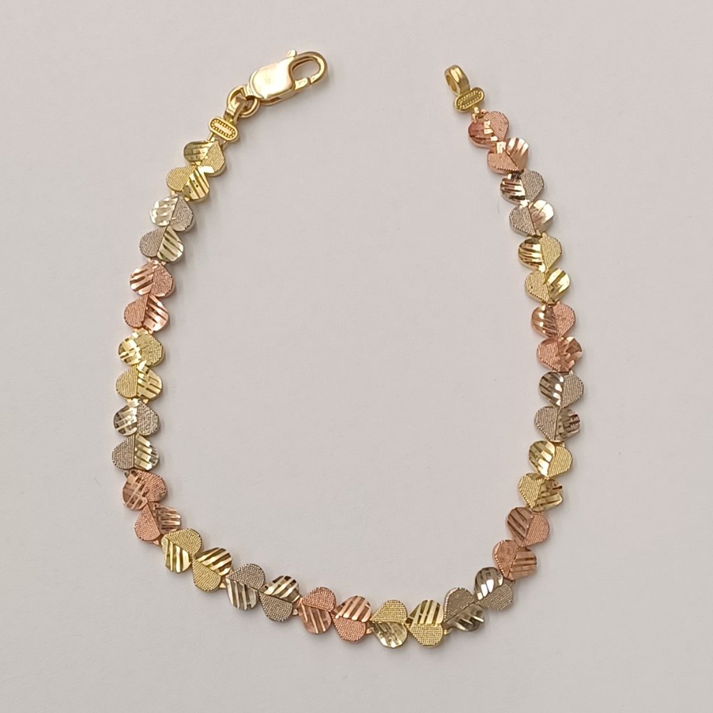 10kt Real Gold Try Colour Heart Bracelet For Women Size 7.25 Inches